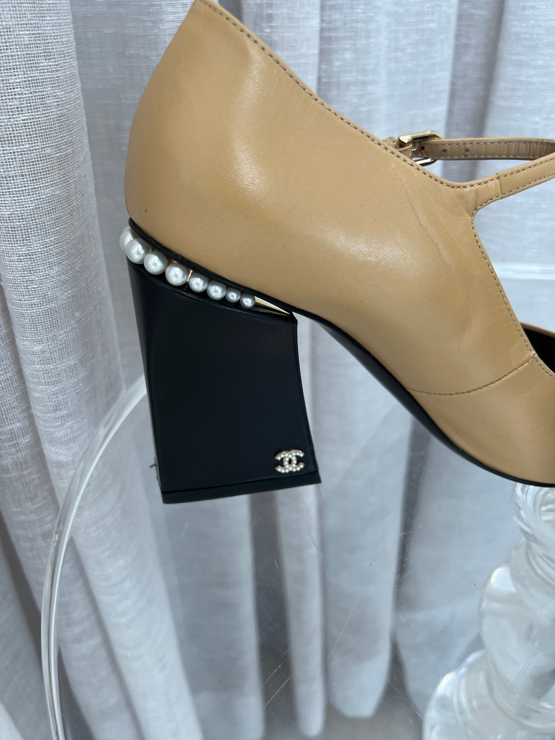 Chanel Beige and Black Pearl Block Heel Pumps, 41C