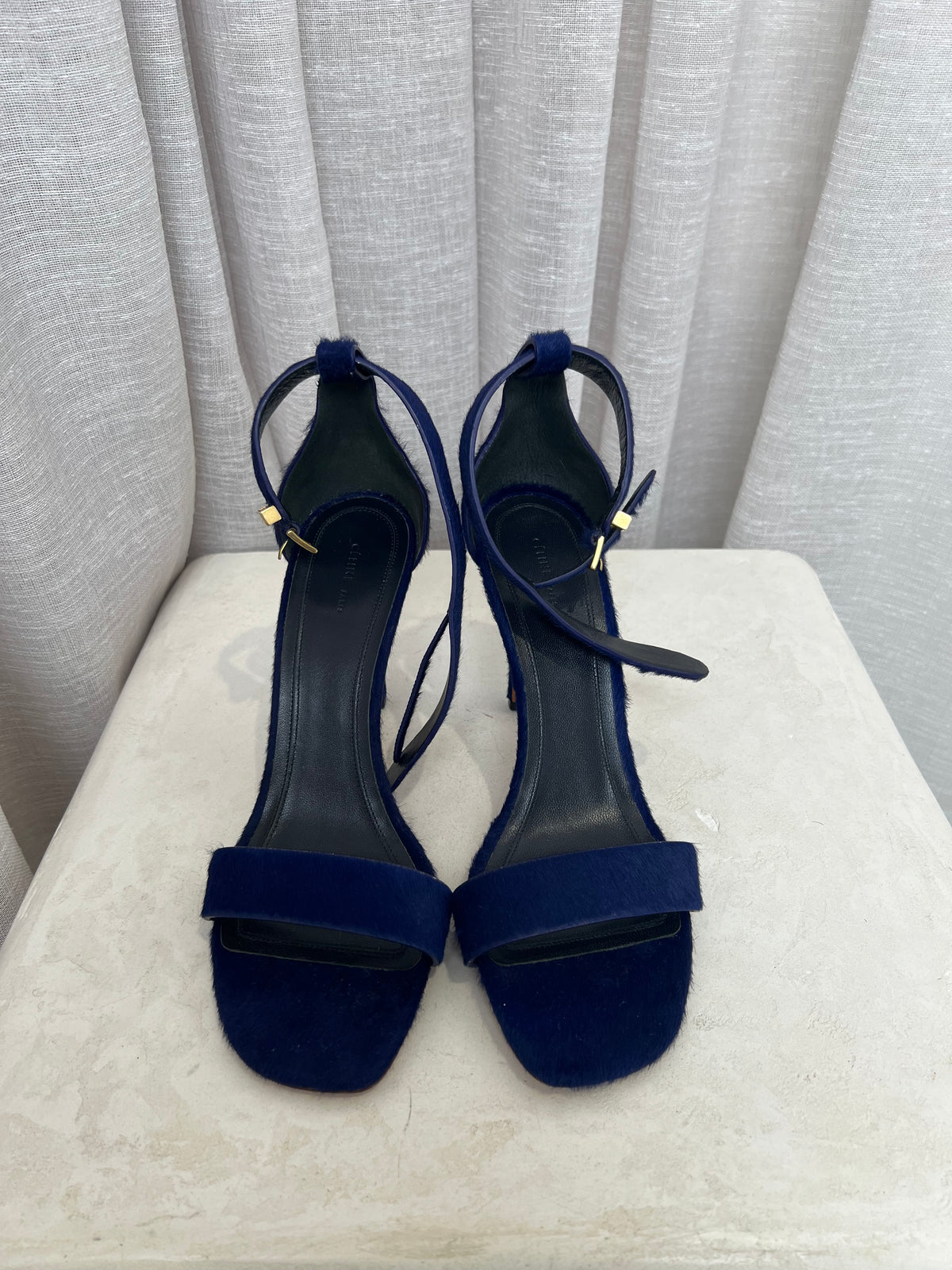 Celine Blue Pony Hair Ankle Strap Heels, 39.5