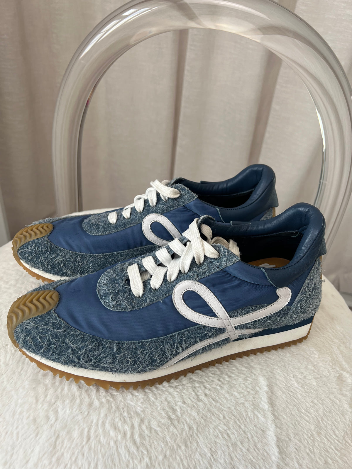 Loewe Blue Two Tone Flow Runner Leather Trimmed Shell And Brushed Suede Sneakers, 41