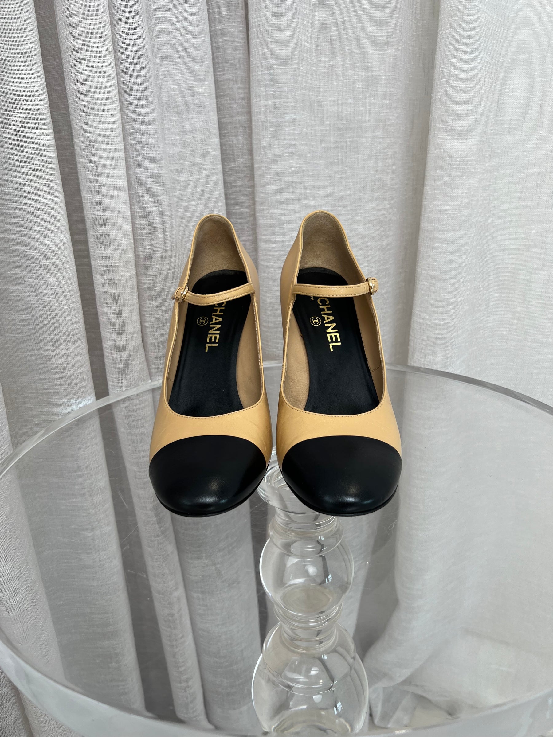 Chanel Beige and Black Pearl Block Heel Pumps, 41C