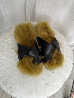 Camilla and Marc Herman Furry Sandals Black With Gold Fur, 38