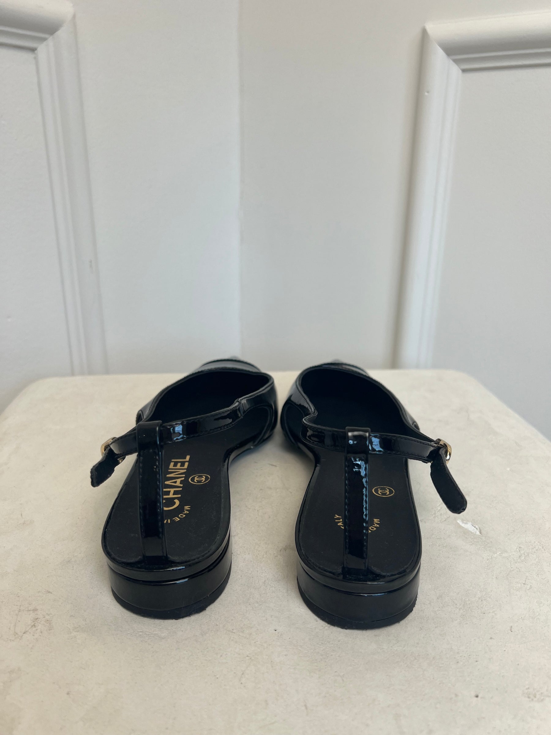 Chanel Black Patent Flat Slingbacks, 36