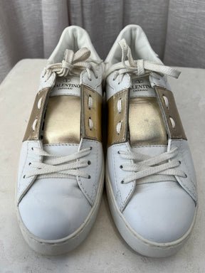 Valentino Garavani White and Gold Leather Rockstud Sneakers, 38.5