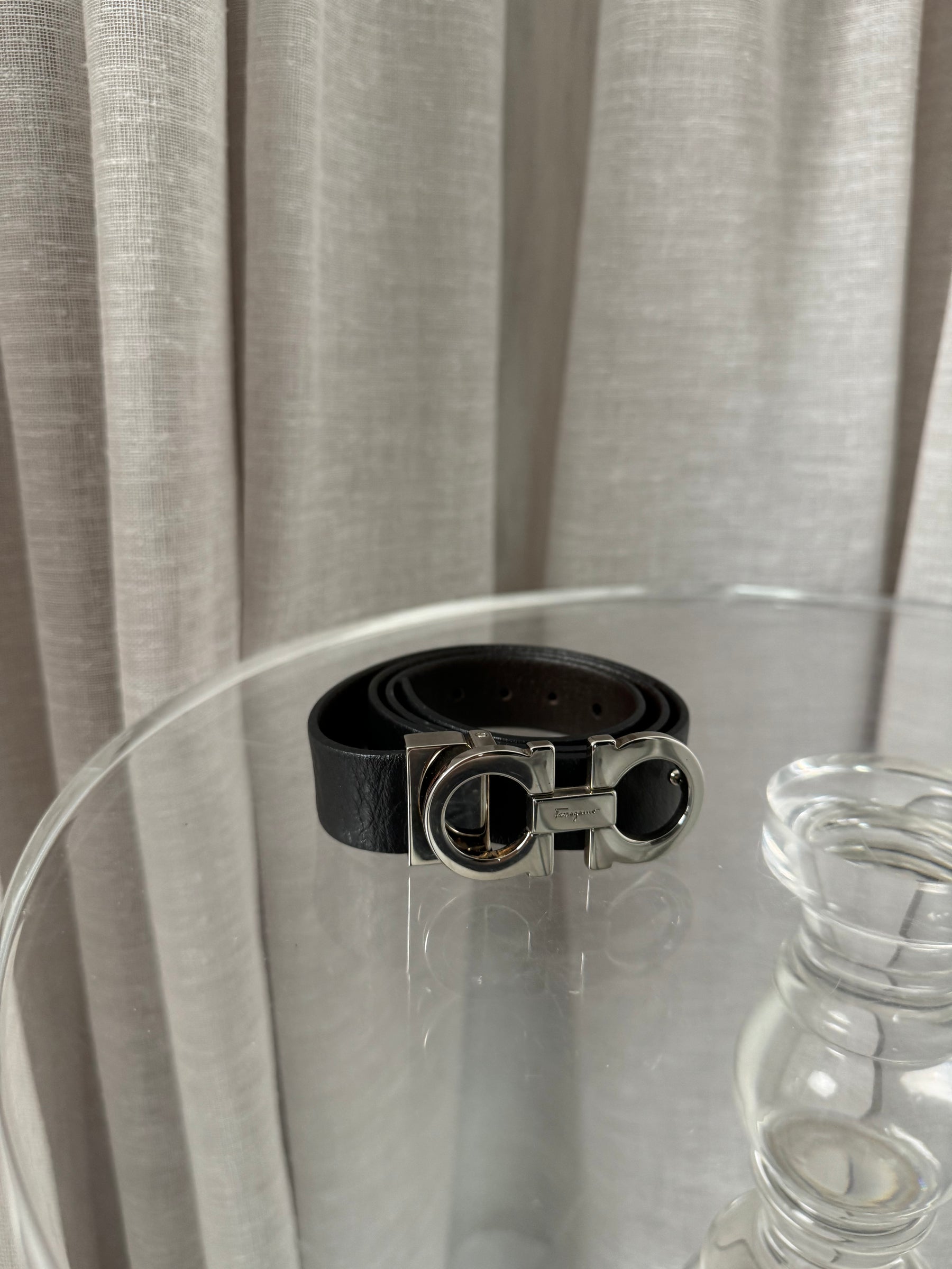 Salvatore Ferragamo Black and Silver Logo Belt