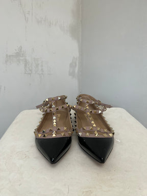 Valentino Garavani Black Patent and Beige Cage Rockstud Flats, 36