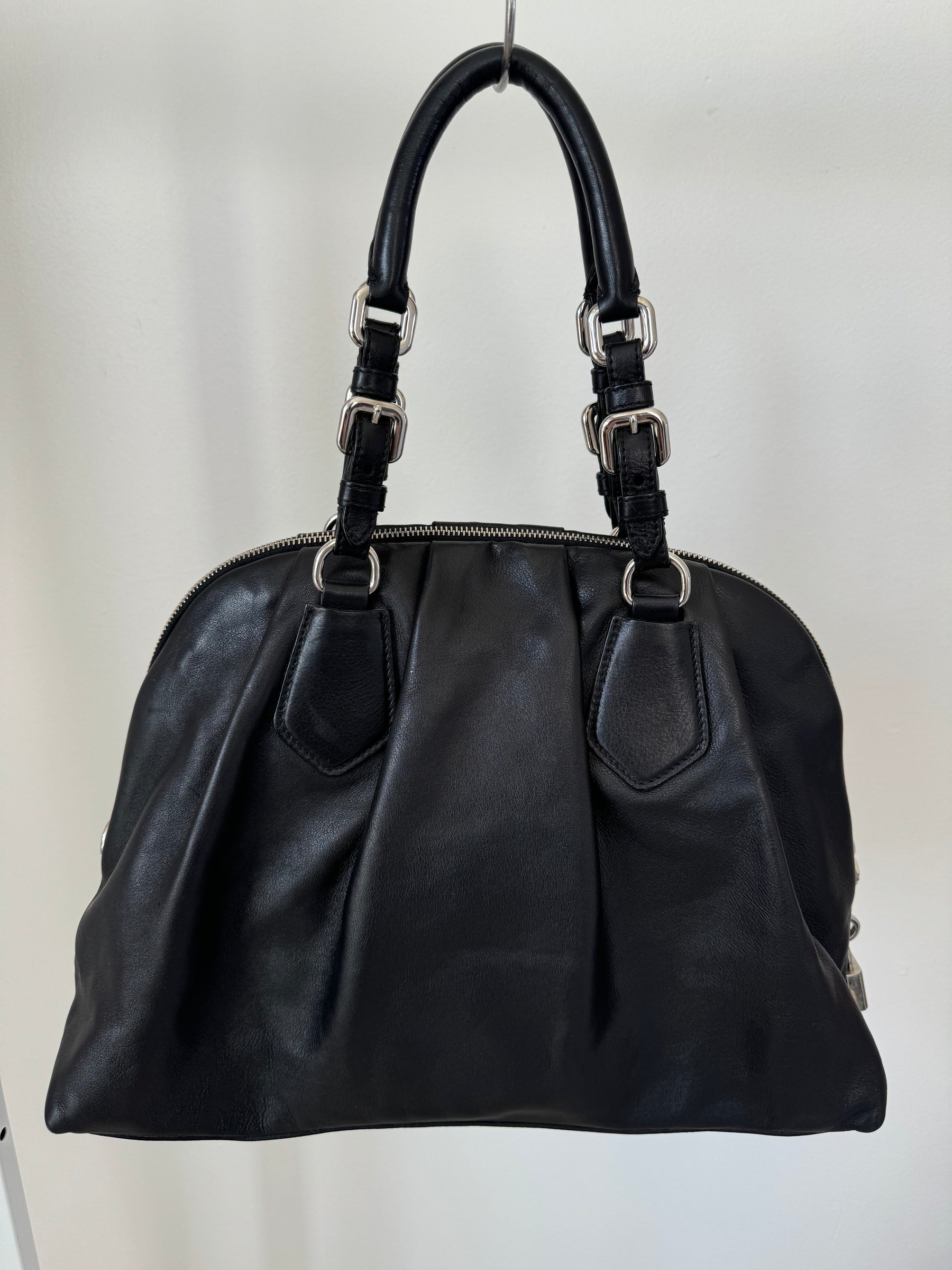 Prada Black Soft Leather Top Handle Bowling Bag