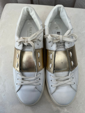 Valentino Garavani White and Gold Leather Rockstud Sneakers, 38.5