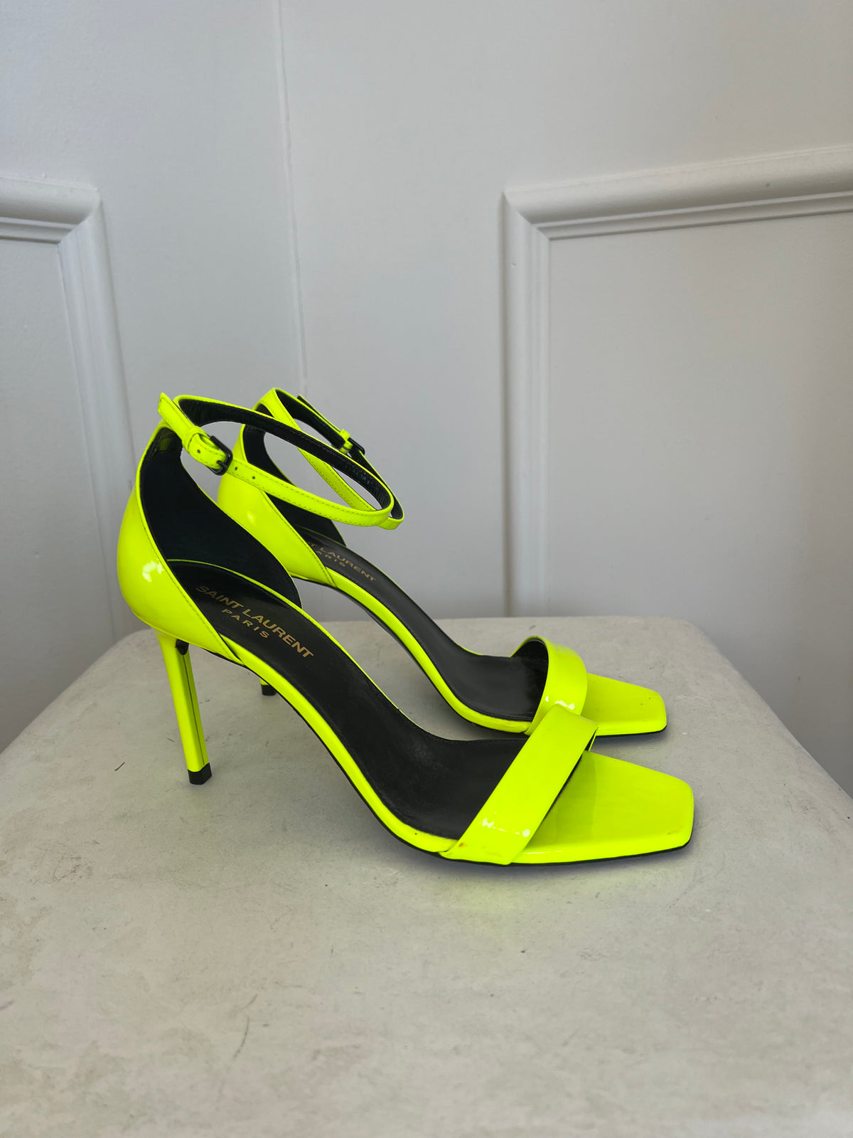 Saint Laurent Neon Yellow Strappy Heels, 38.5