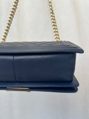 Chanel Navy Old Medium Boy Bag Gold Tone Hardware, Old Medium