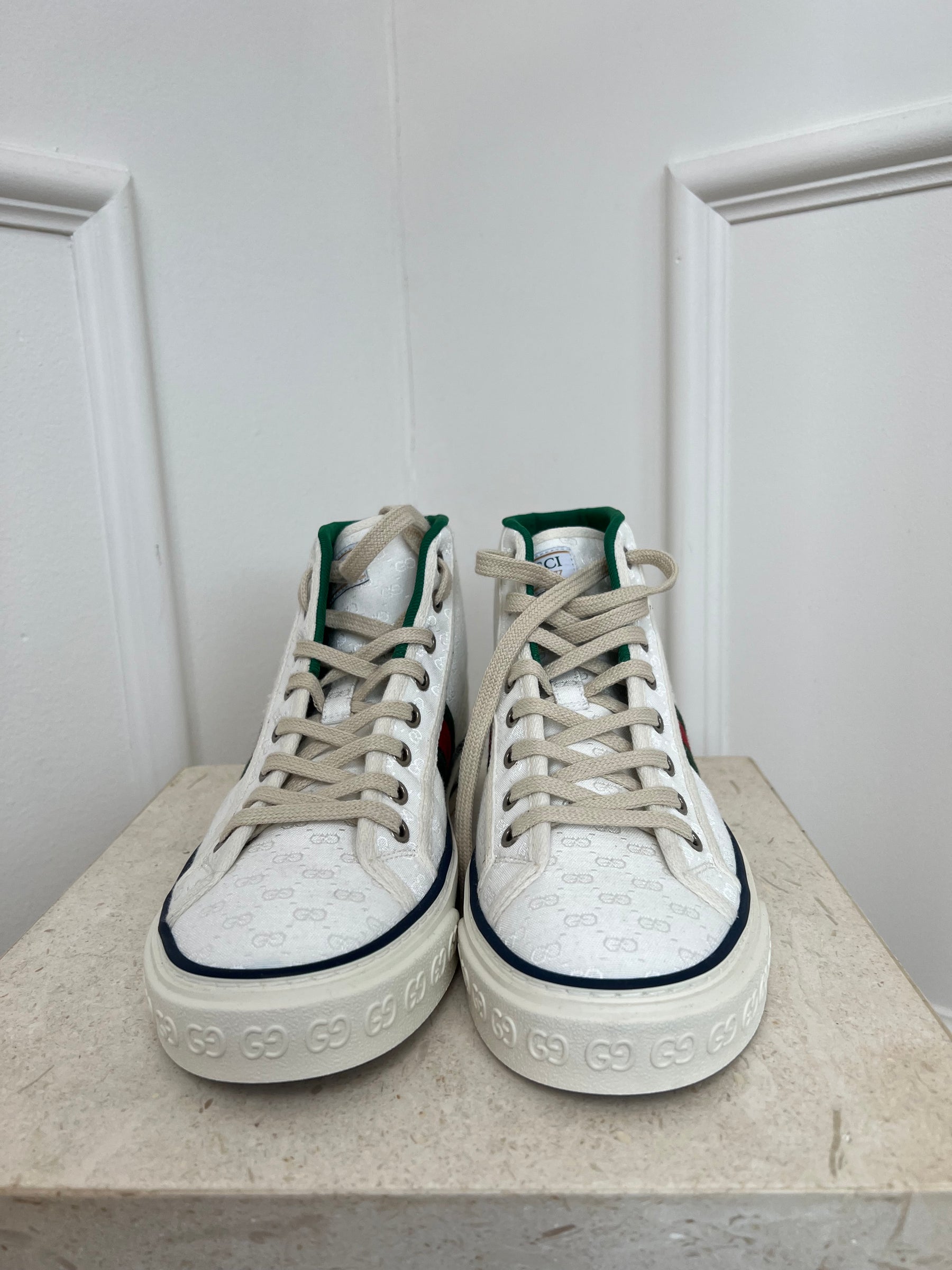 Gucci White Canvas Monogram High Top 'Tennis' Sneaker, 38