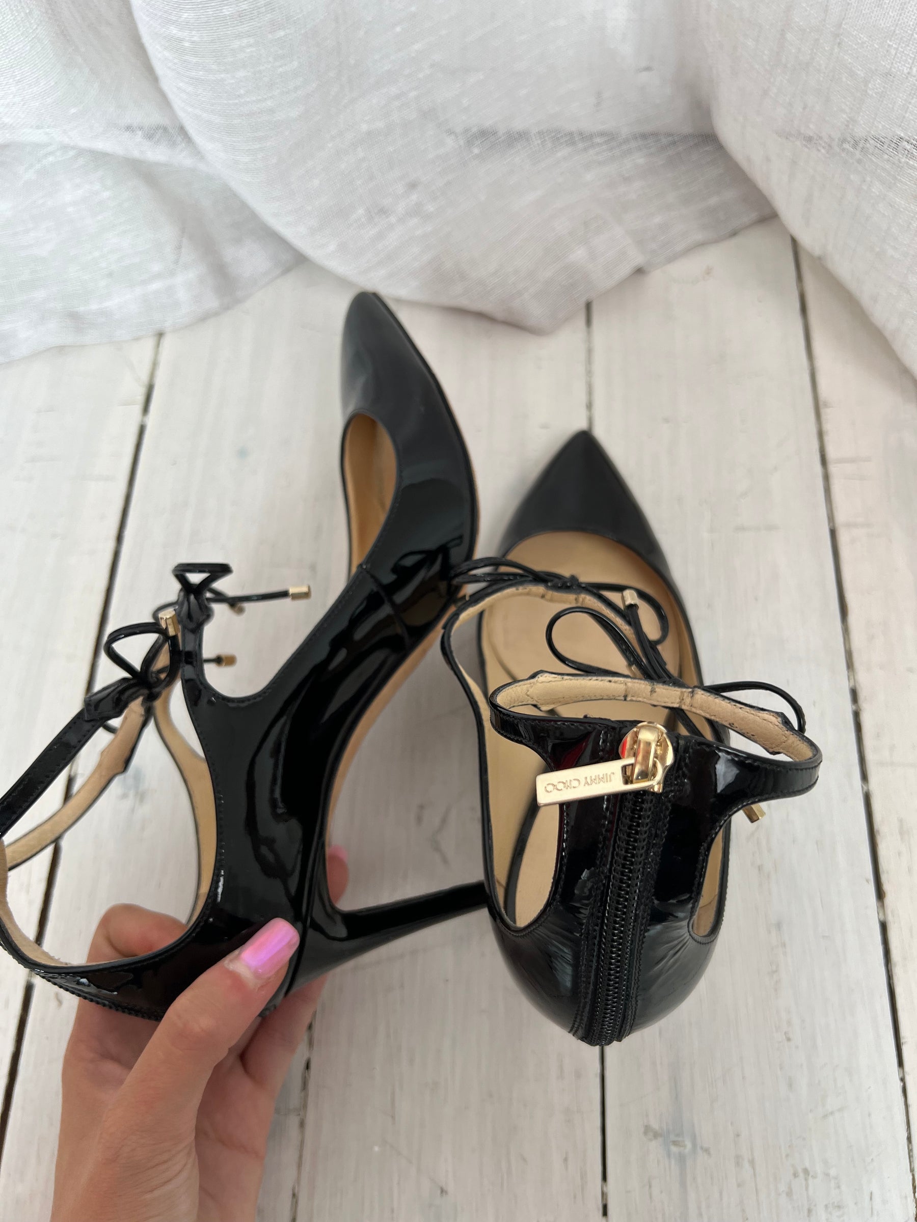 Jimmy Choo Black Patent Pointed Tie Front Heels, 37.5