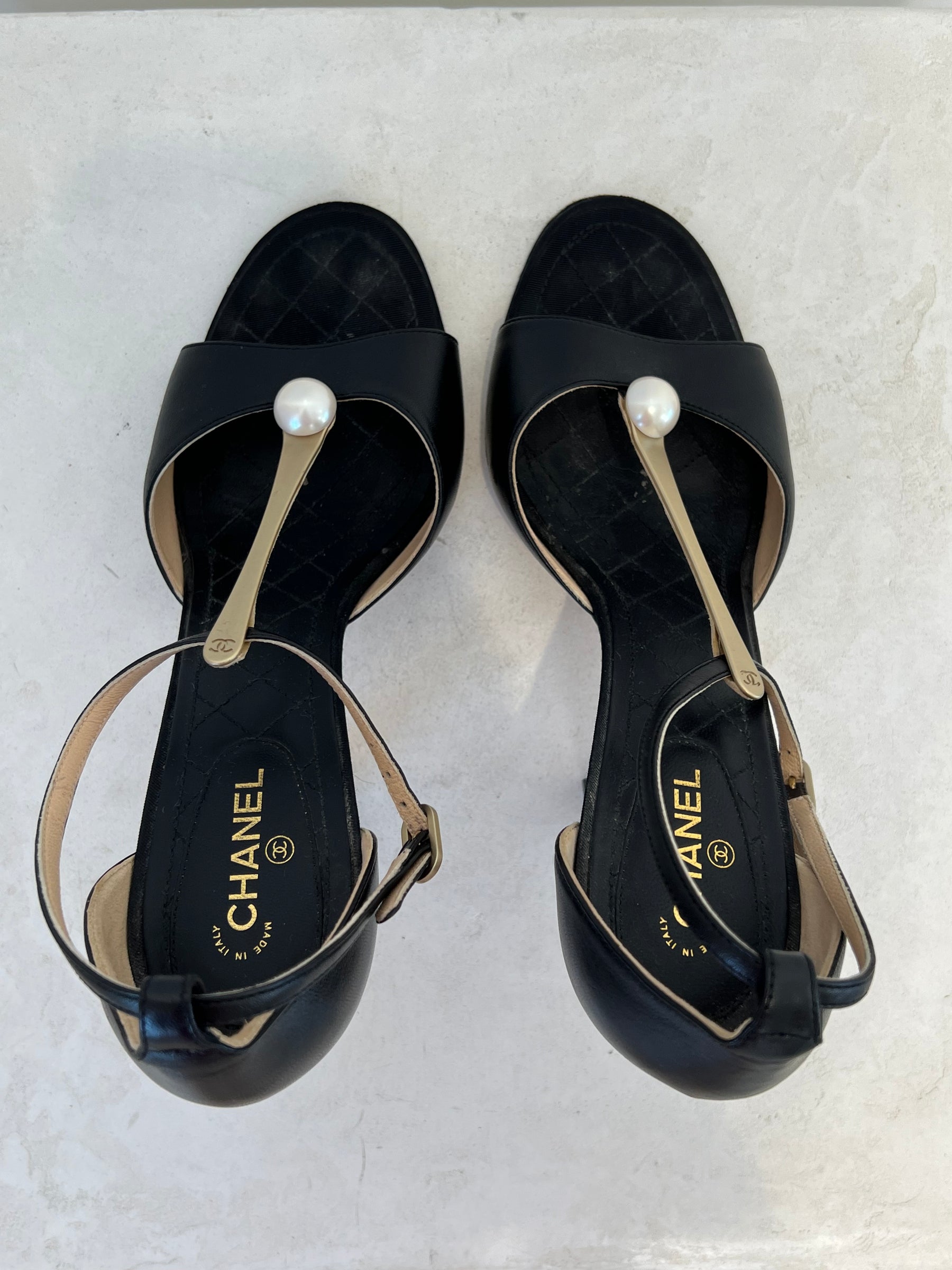 Chanel Black Pearl T Bar Pumps, 41 C