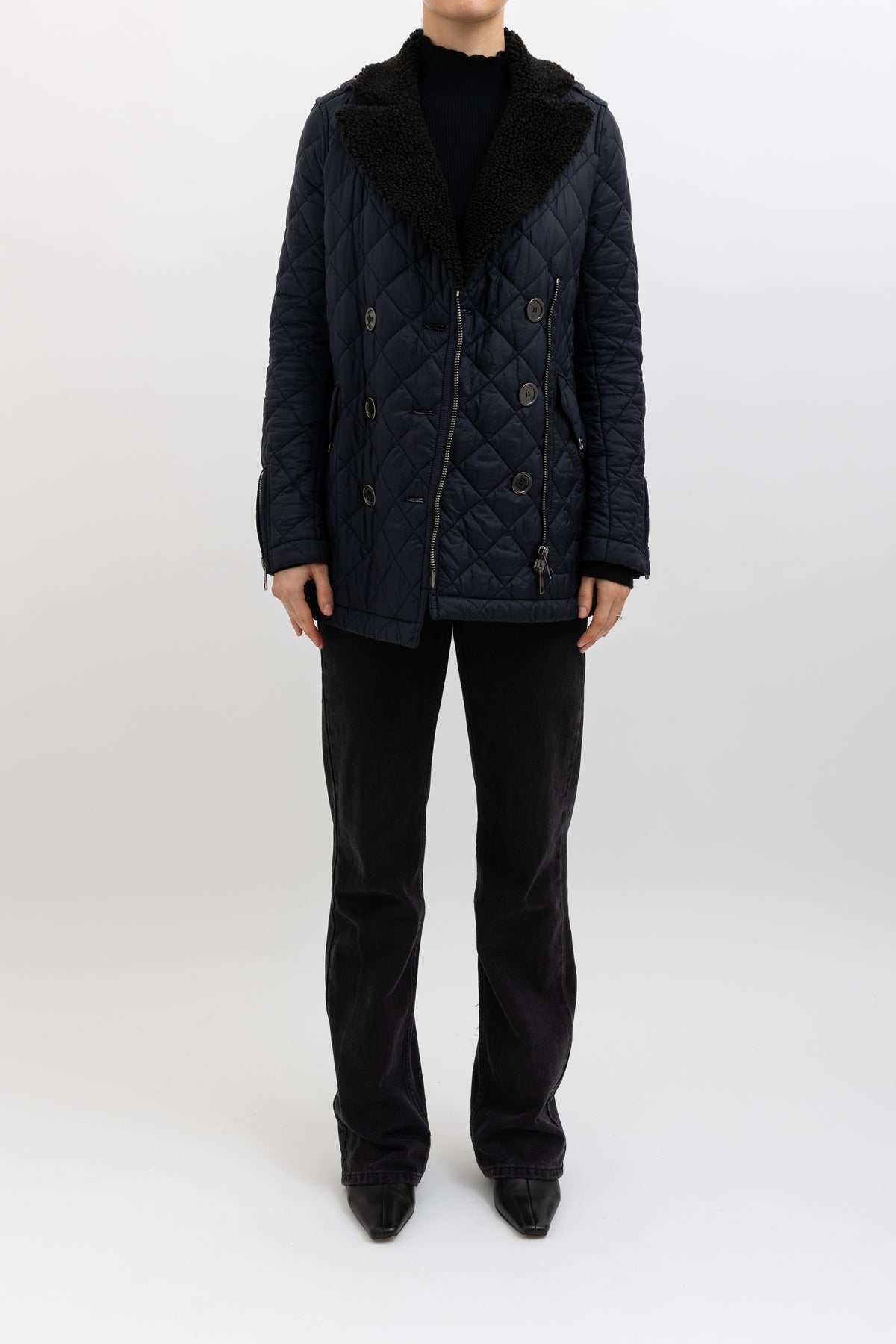 Quilted Puffer Jacket with Black Shearling Collar, XS