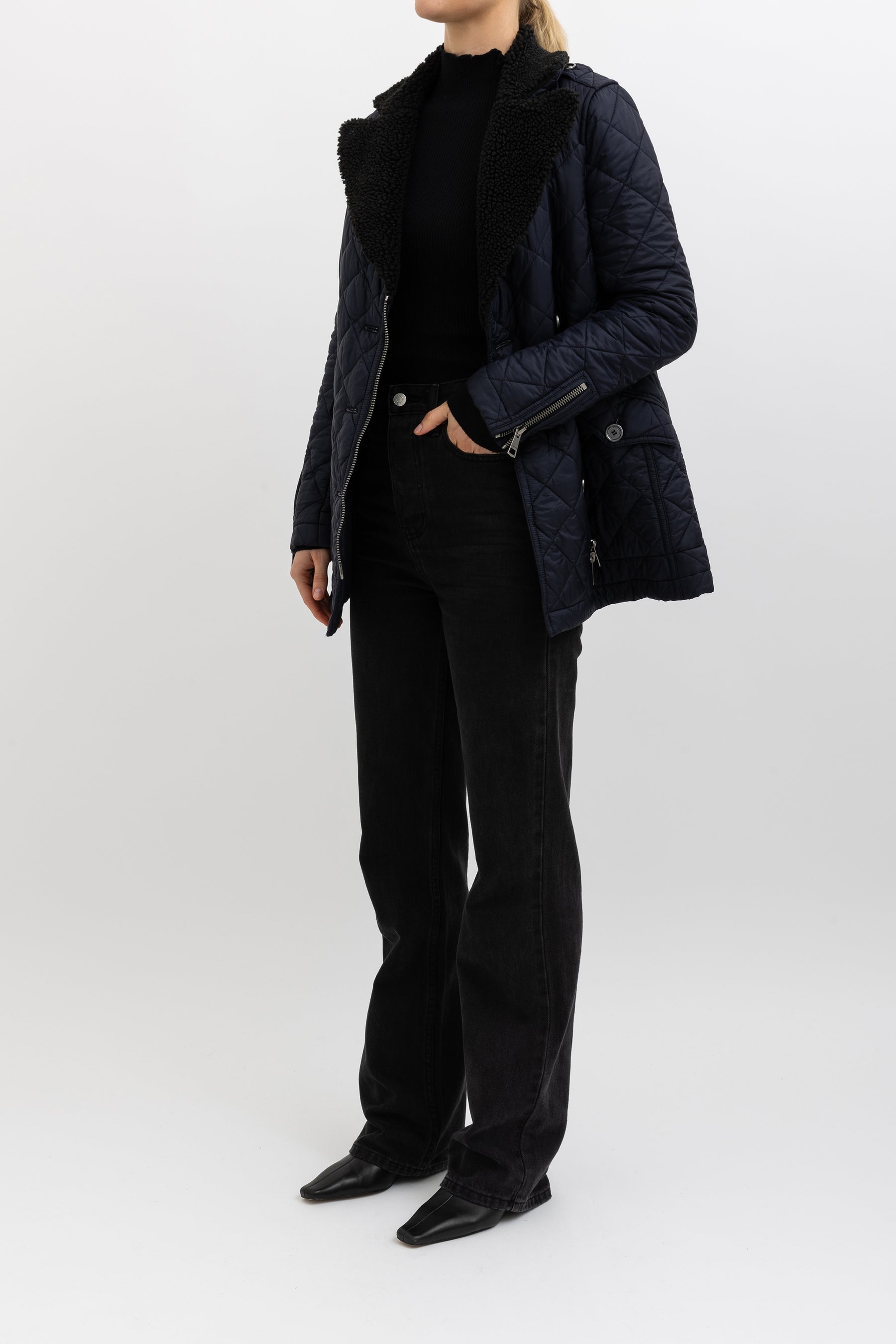 Quilted Puffer Jacket with Black Shearling Collar, XS