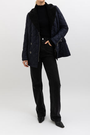 Quilted Puffer Jacket with Black Shearling Collar, XS