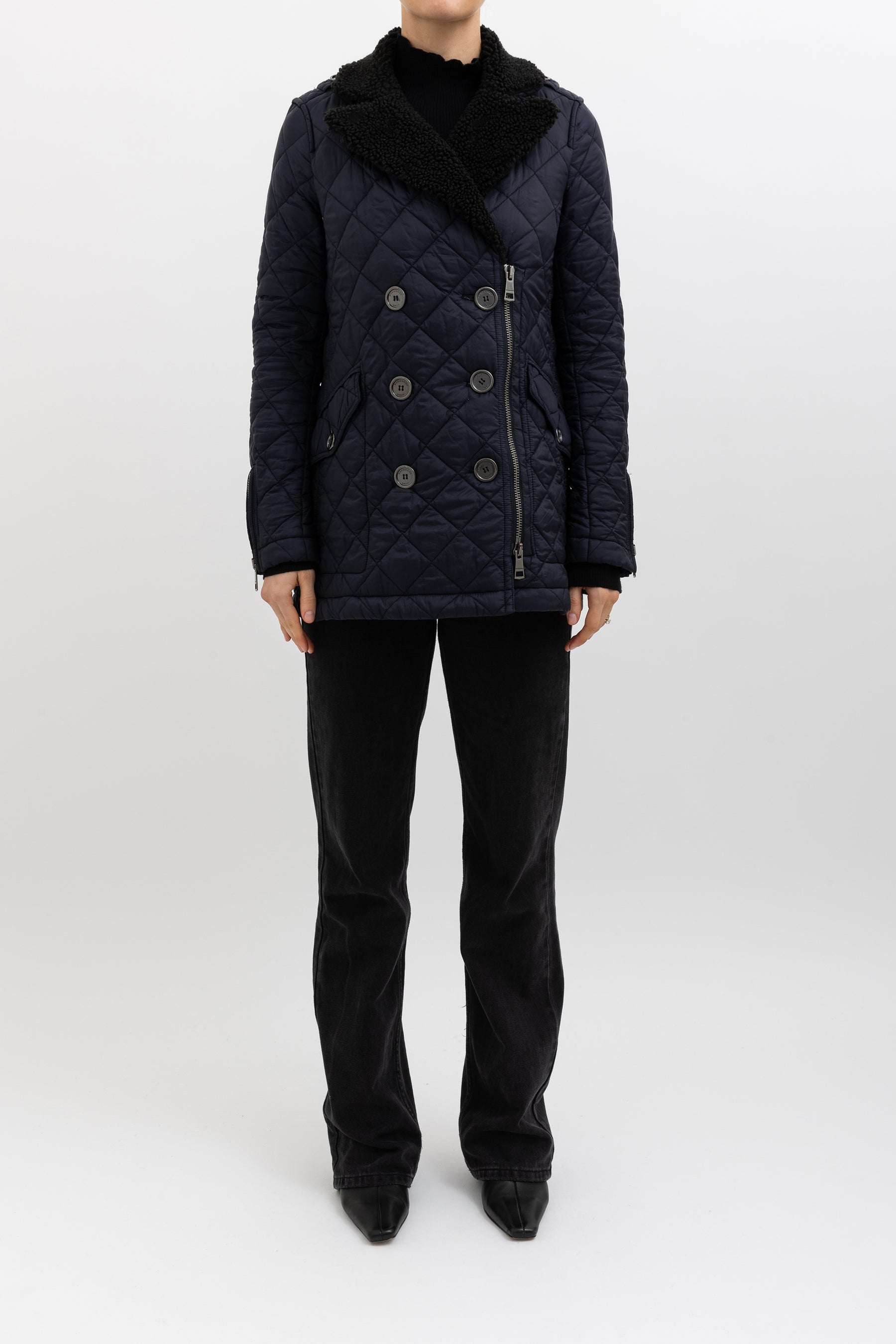 Quilted Puffer Jacket with Black Shearling Collar, XS