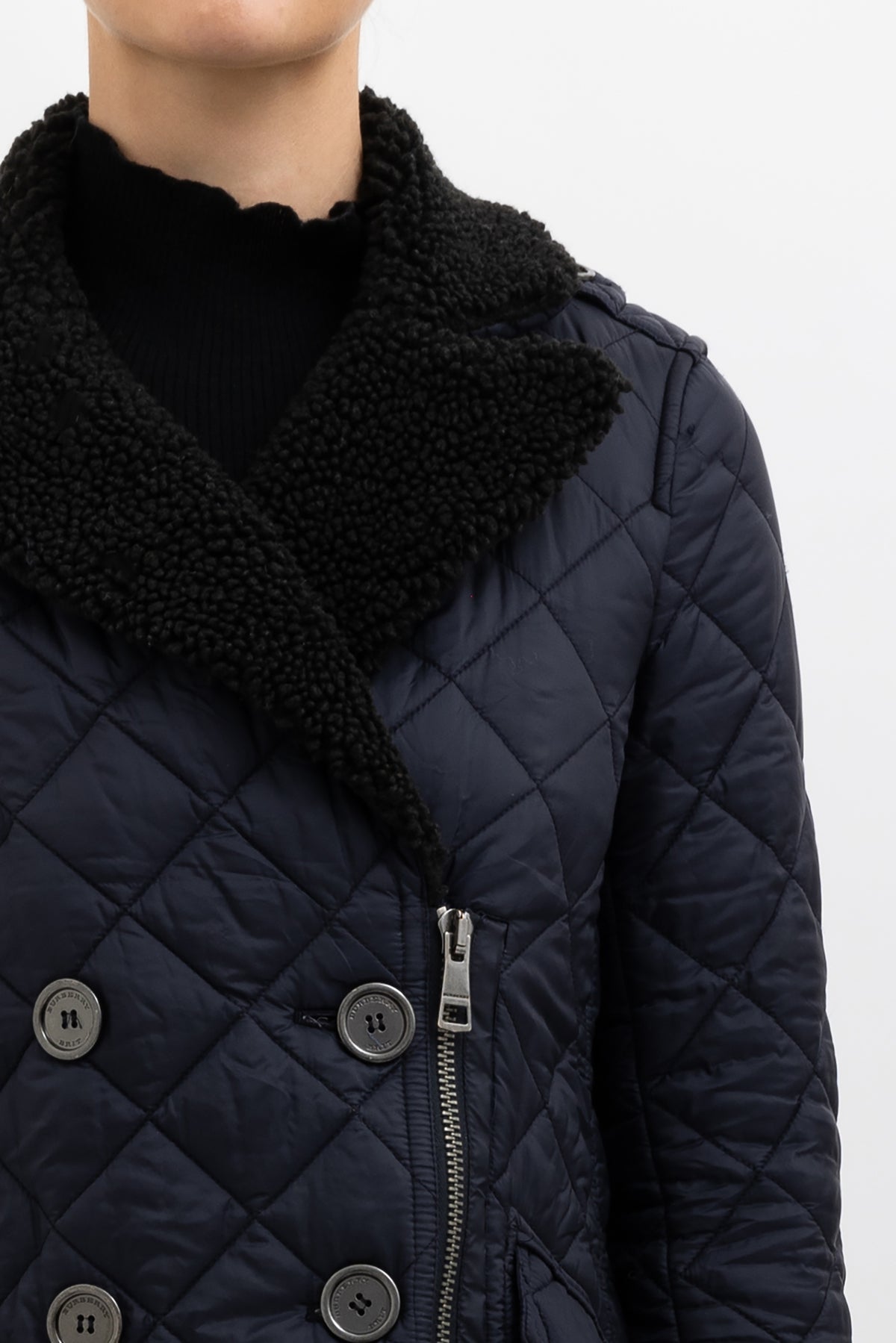 Quilted Puffer Jacket with Black Shearling Collar, XS
