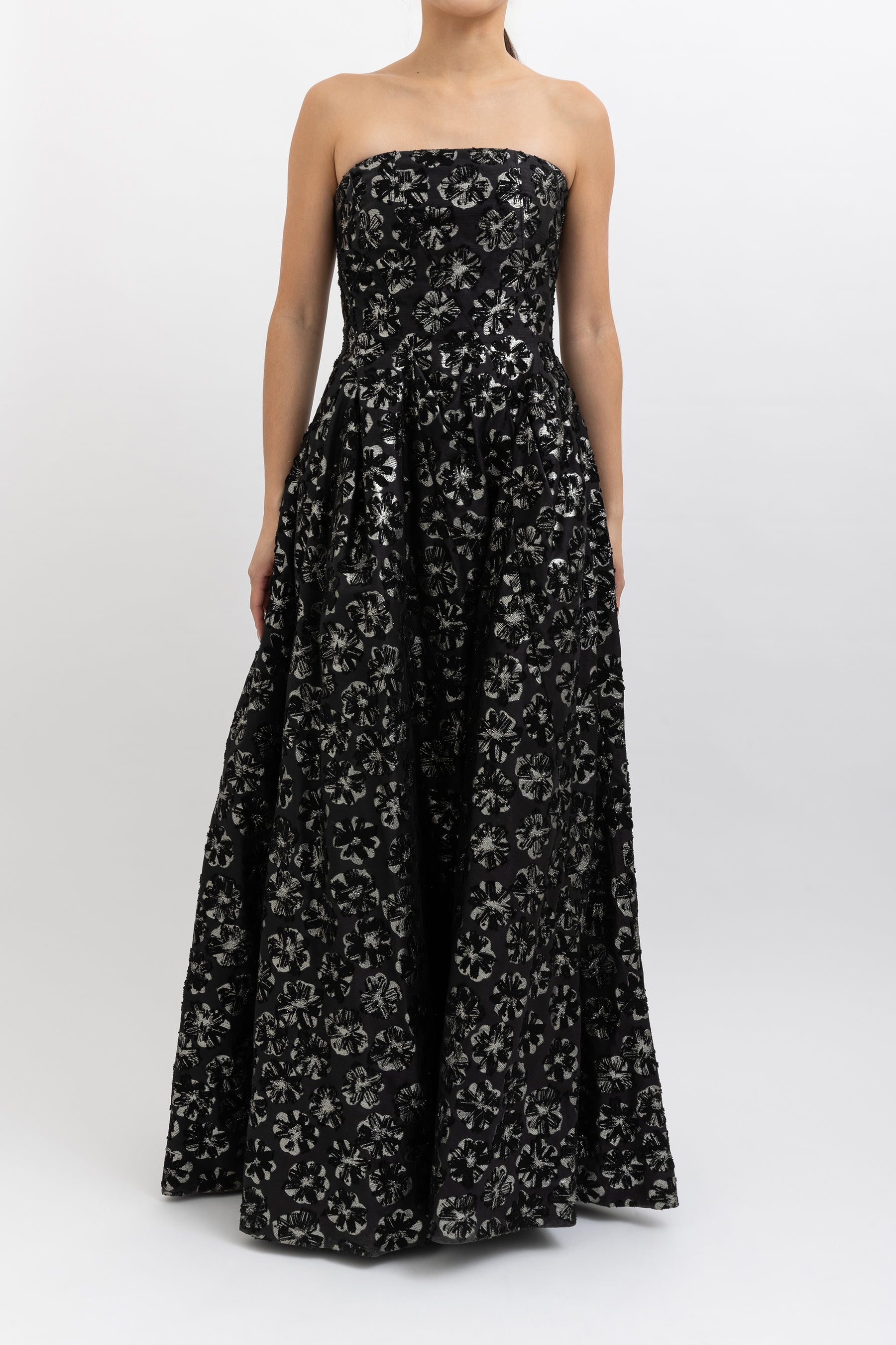 Lurex Floral Strapless Maxi Gown