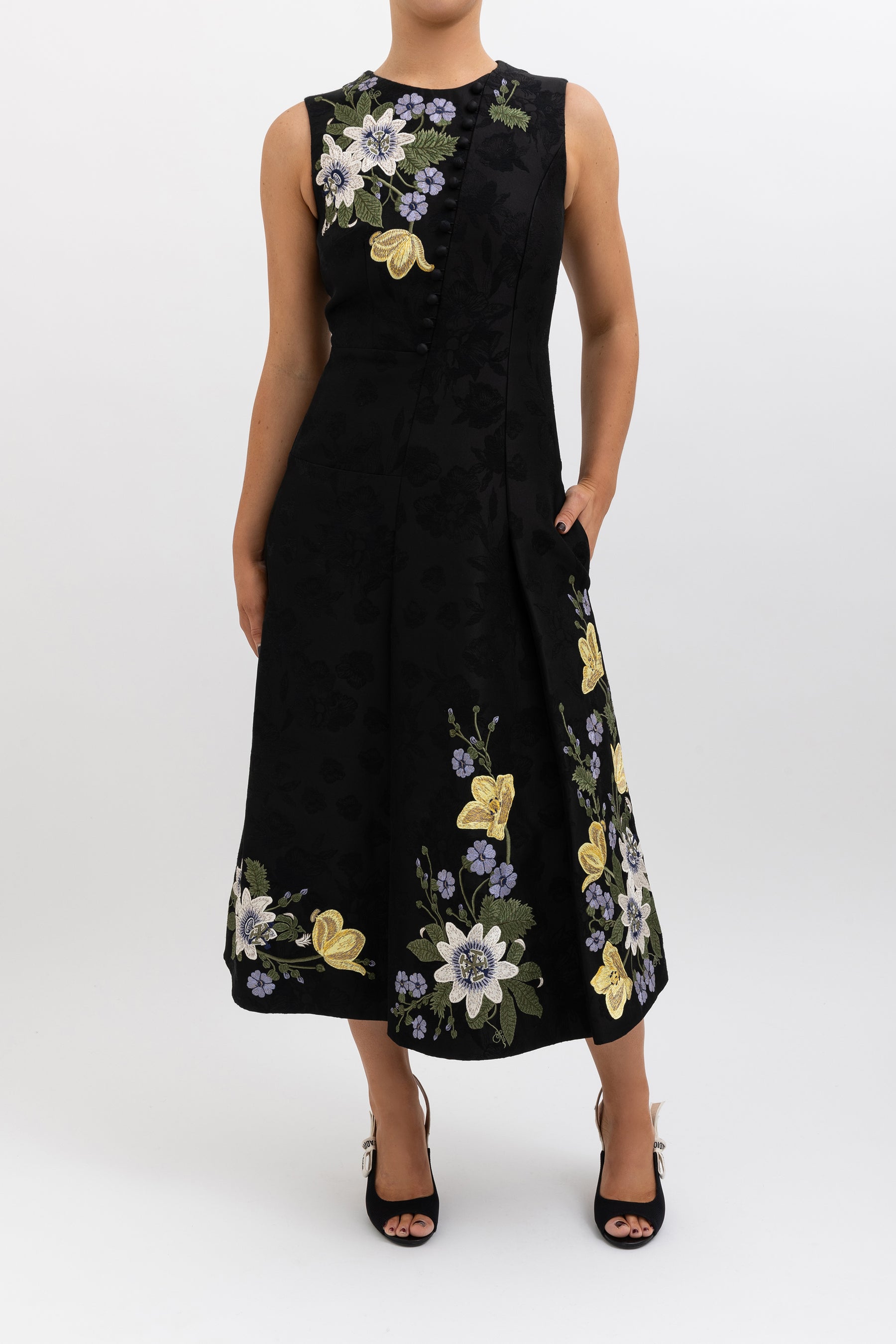 Yasmine Floral-Embroidered Midi Dress