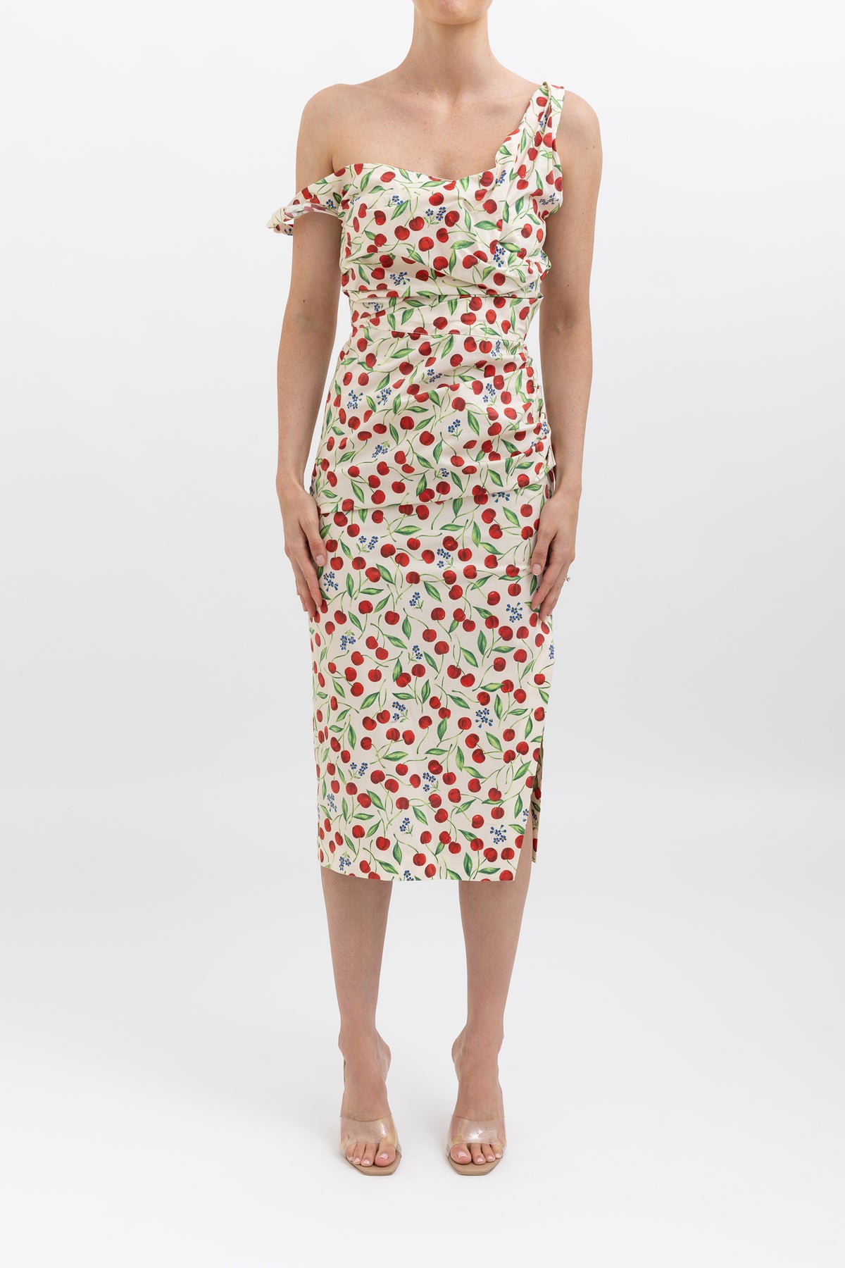 Cherry Print One Shoulder Midi Dress