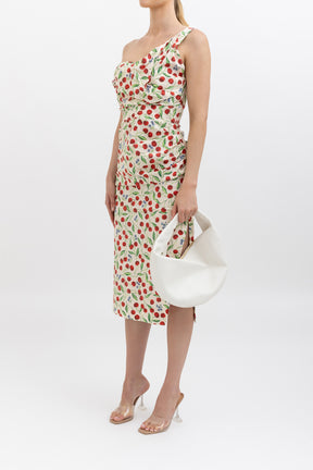 Cherry Print One Shoulder Midi Dress