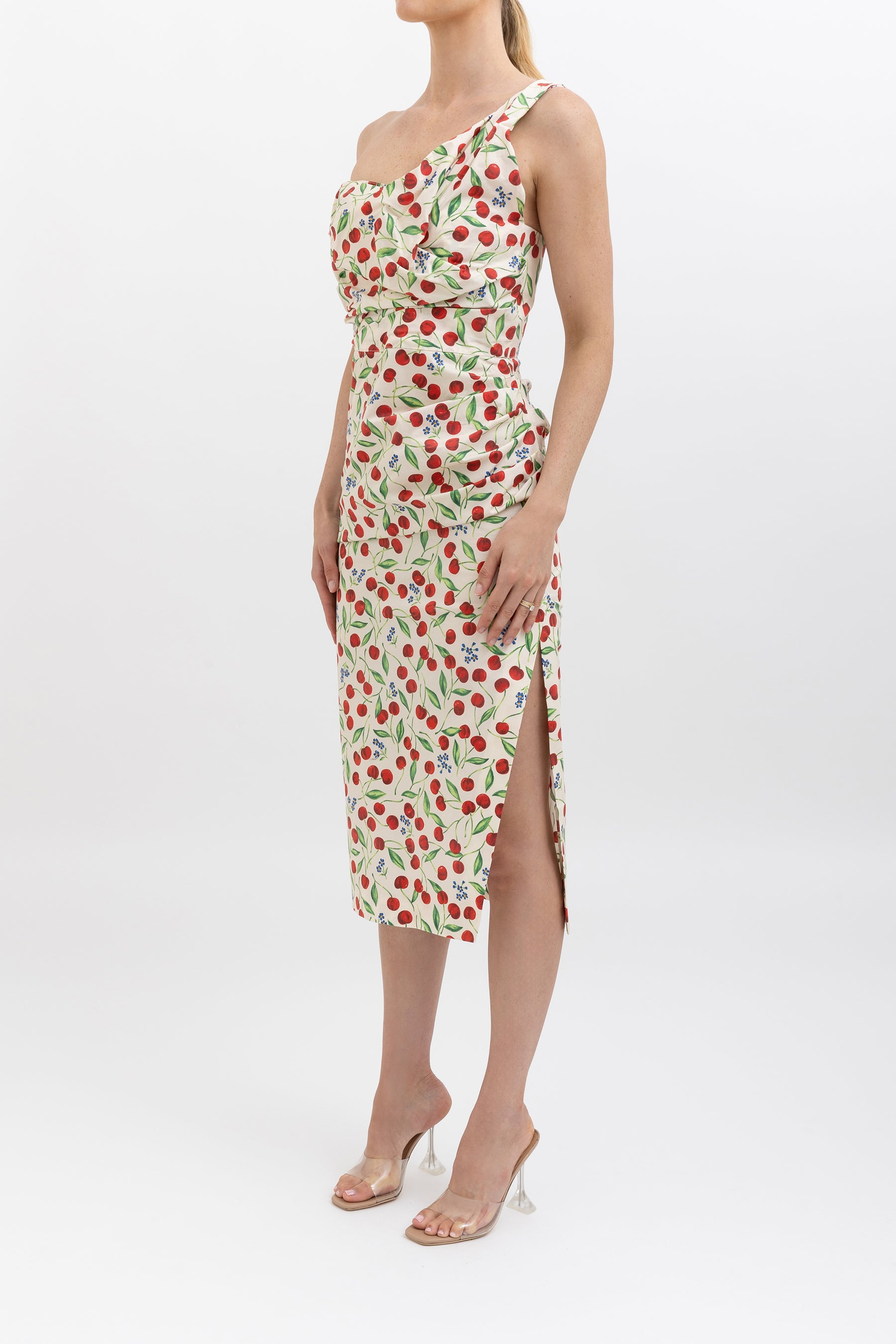 Cherry Print One Shoulder Midi Dress