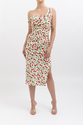 Cherry Print One Shoulder Midi Dress