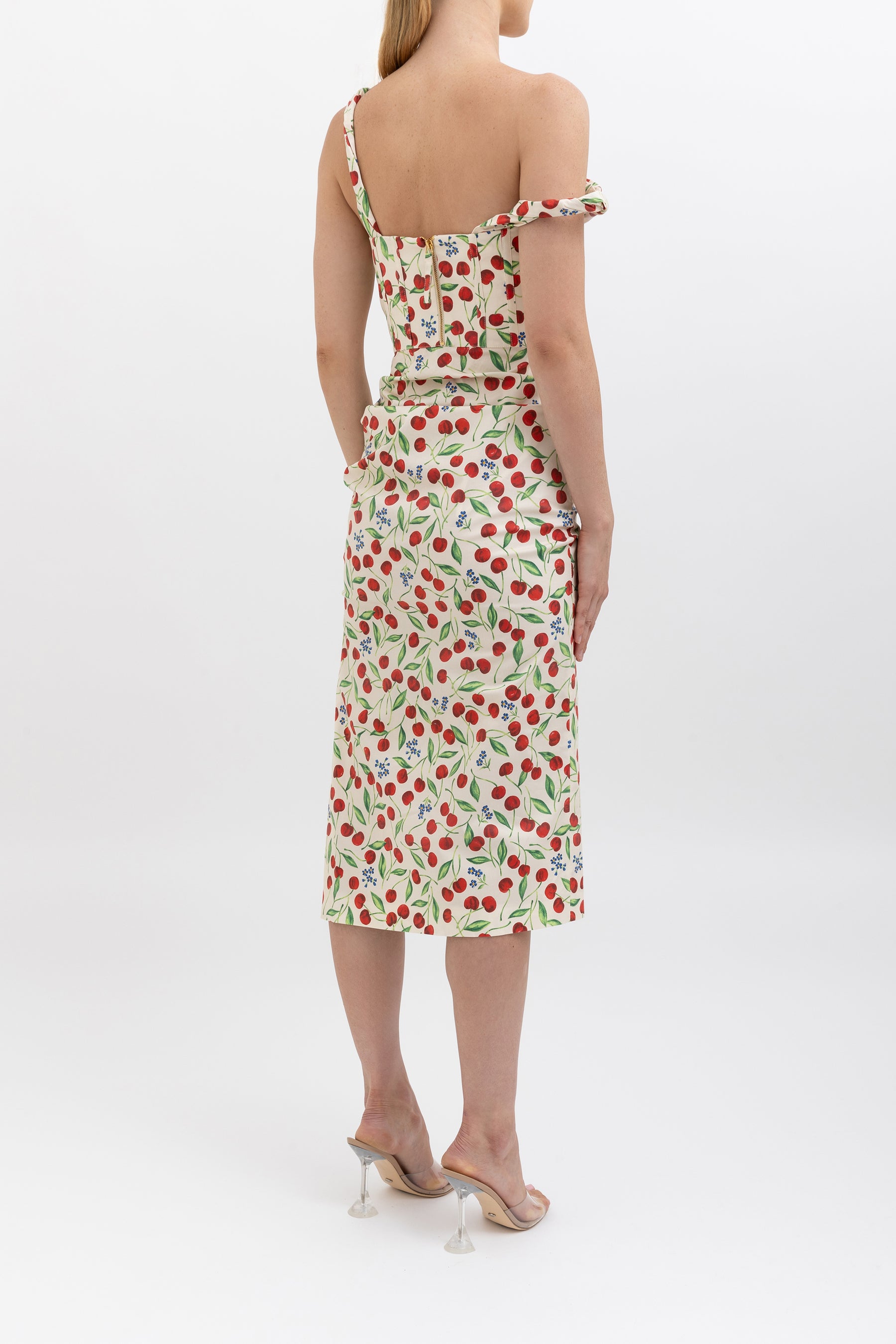 Cherry Print One Shoulder Midi Dress