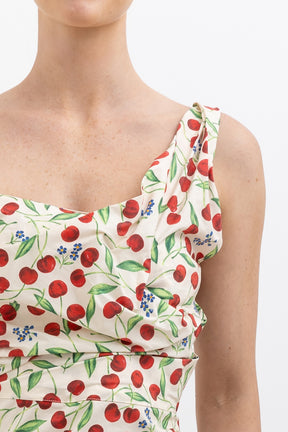 Cherry Print One Shoulder Midi Dress