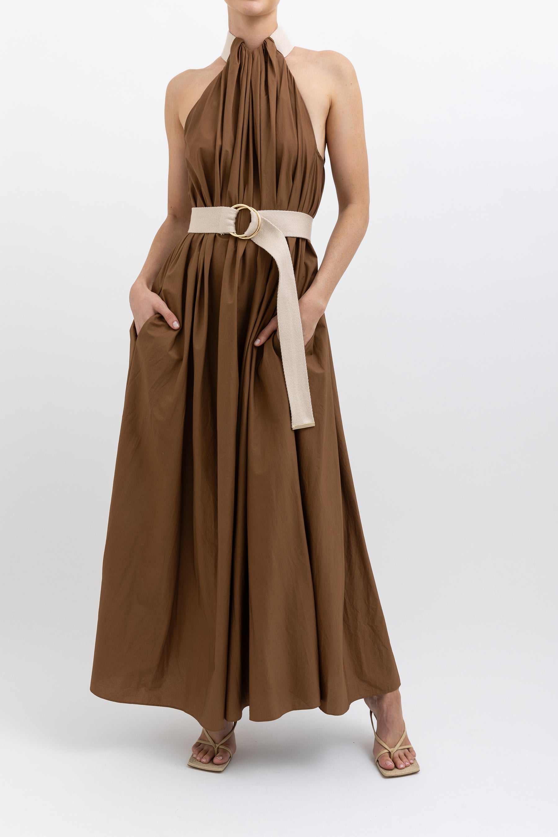 Cotton Strapping Halter Maxi Dress Brown