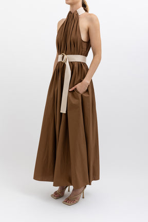 Cotton Strapping Halter Maxi Dress Brown