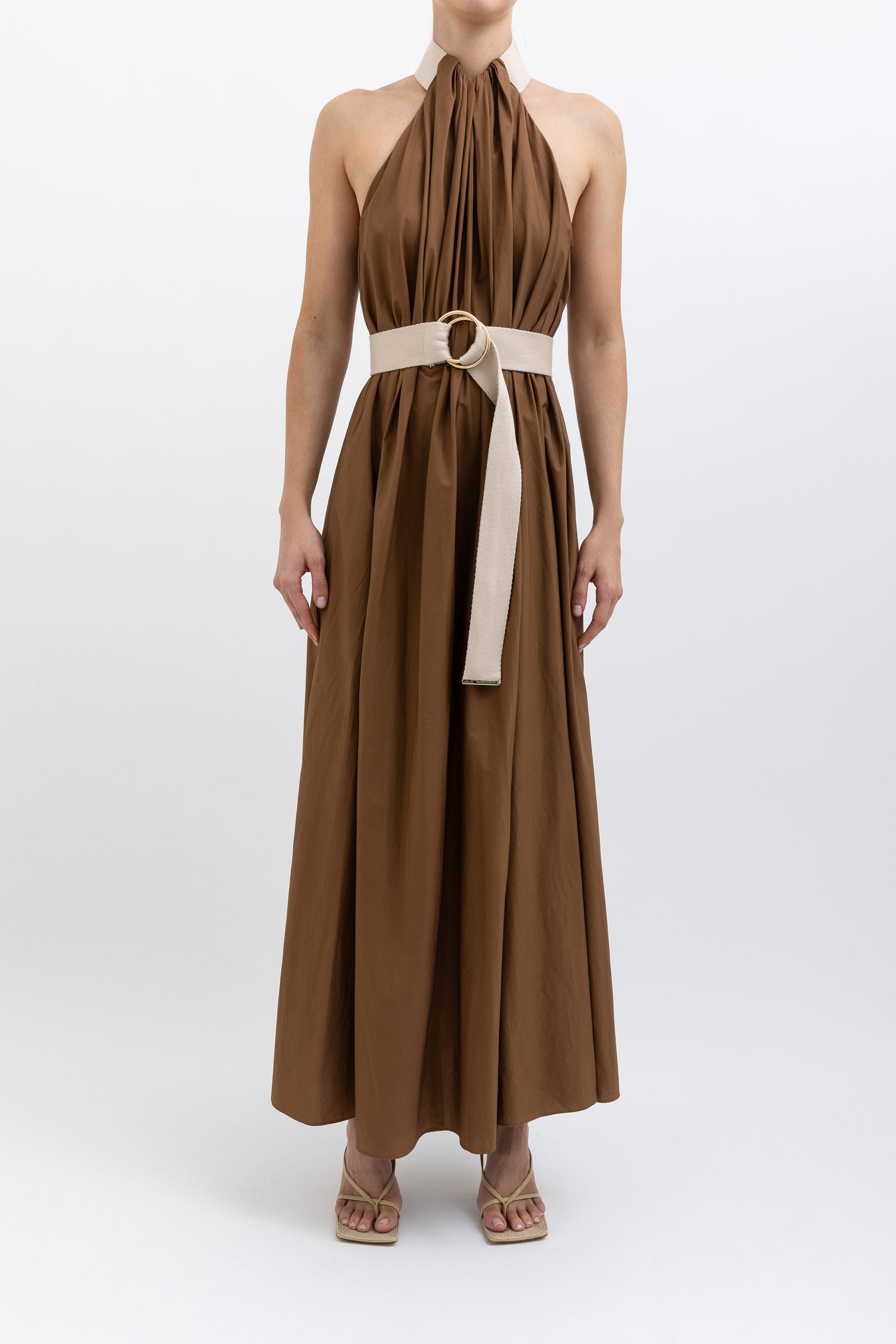 Cotton Strapping Halter Maxi Dress Brown