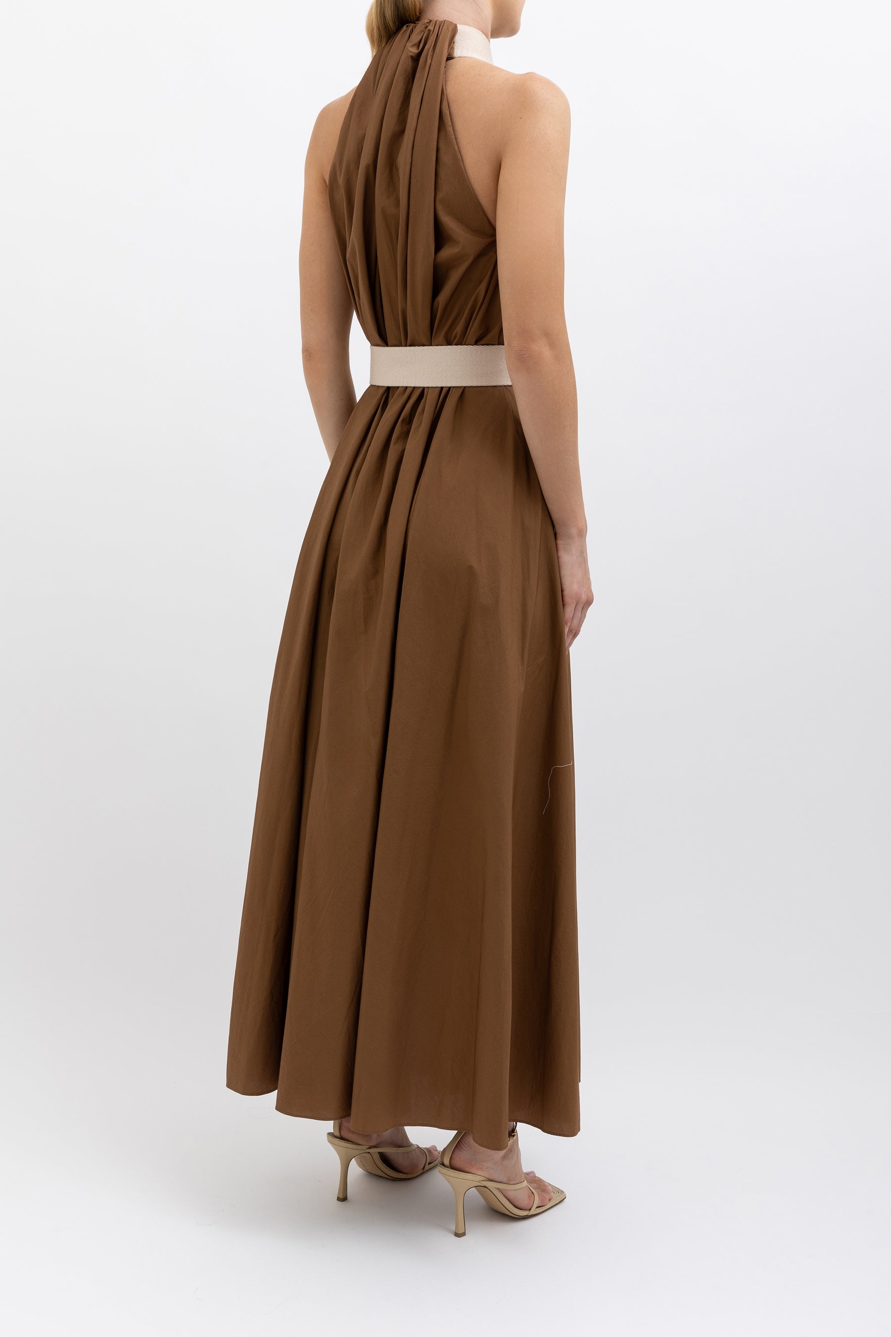 Cotton Strapping Halter Maxi Dress Brown