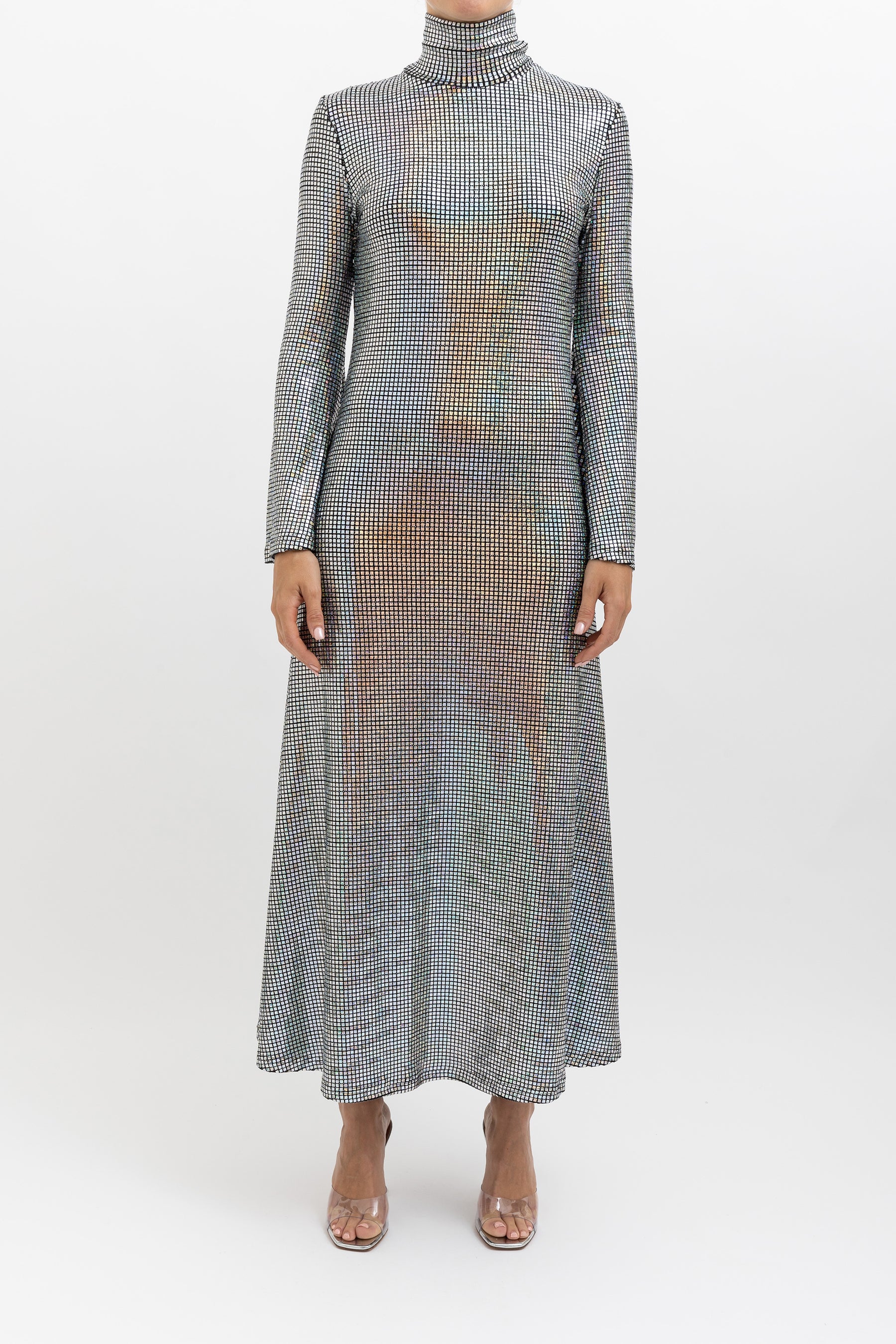 Iredescent Mock Neck Midi Dress