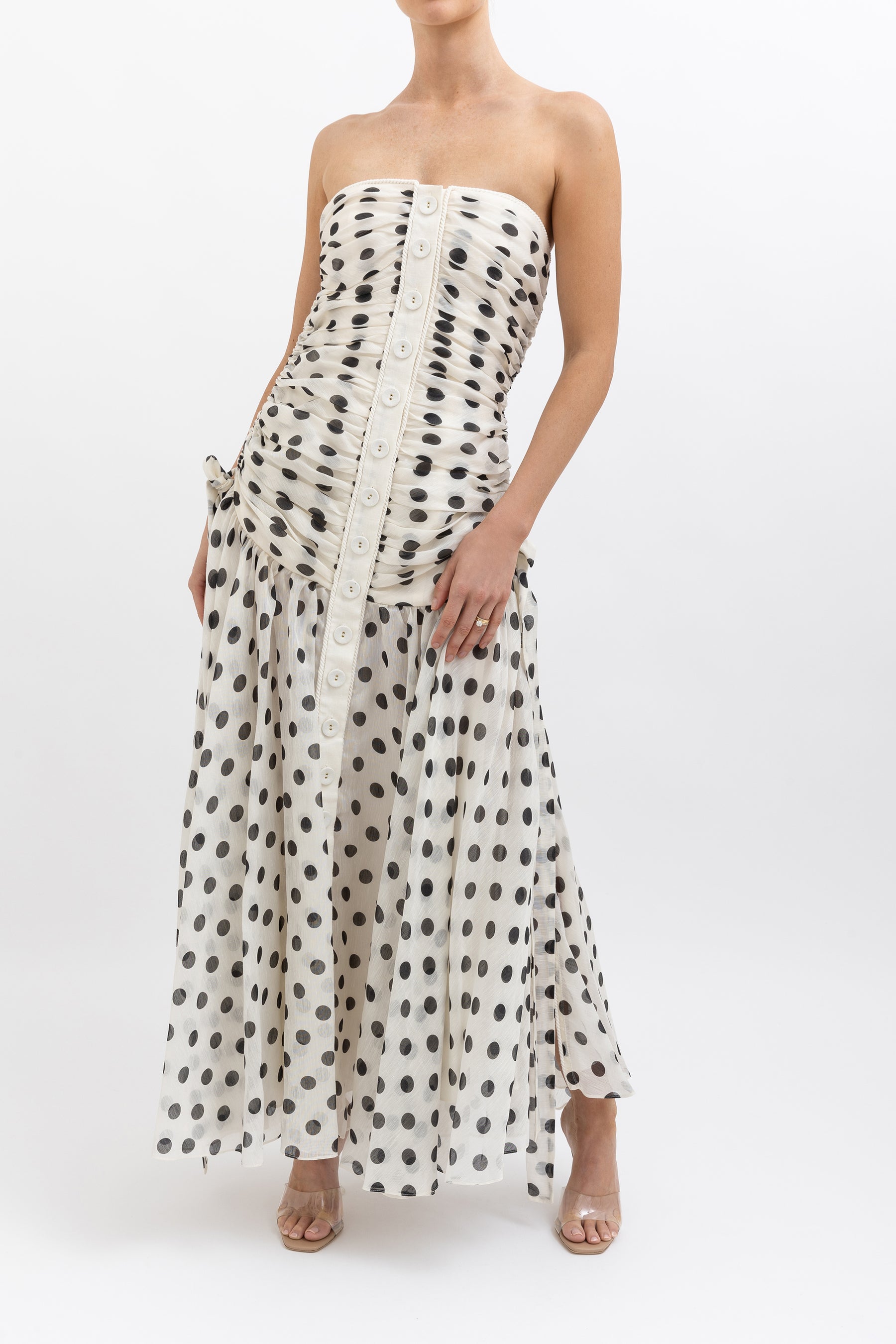 Corsage Ruched Polka Dot Dress