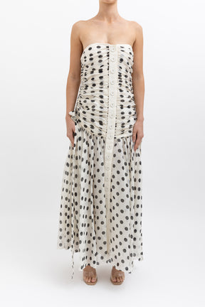 Corsage Ruched Polka Dot Dress