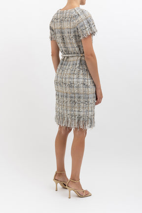 Tweed Zip Up Dress With Tie