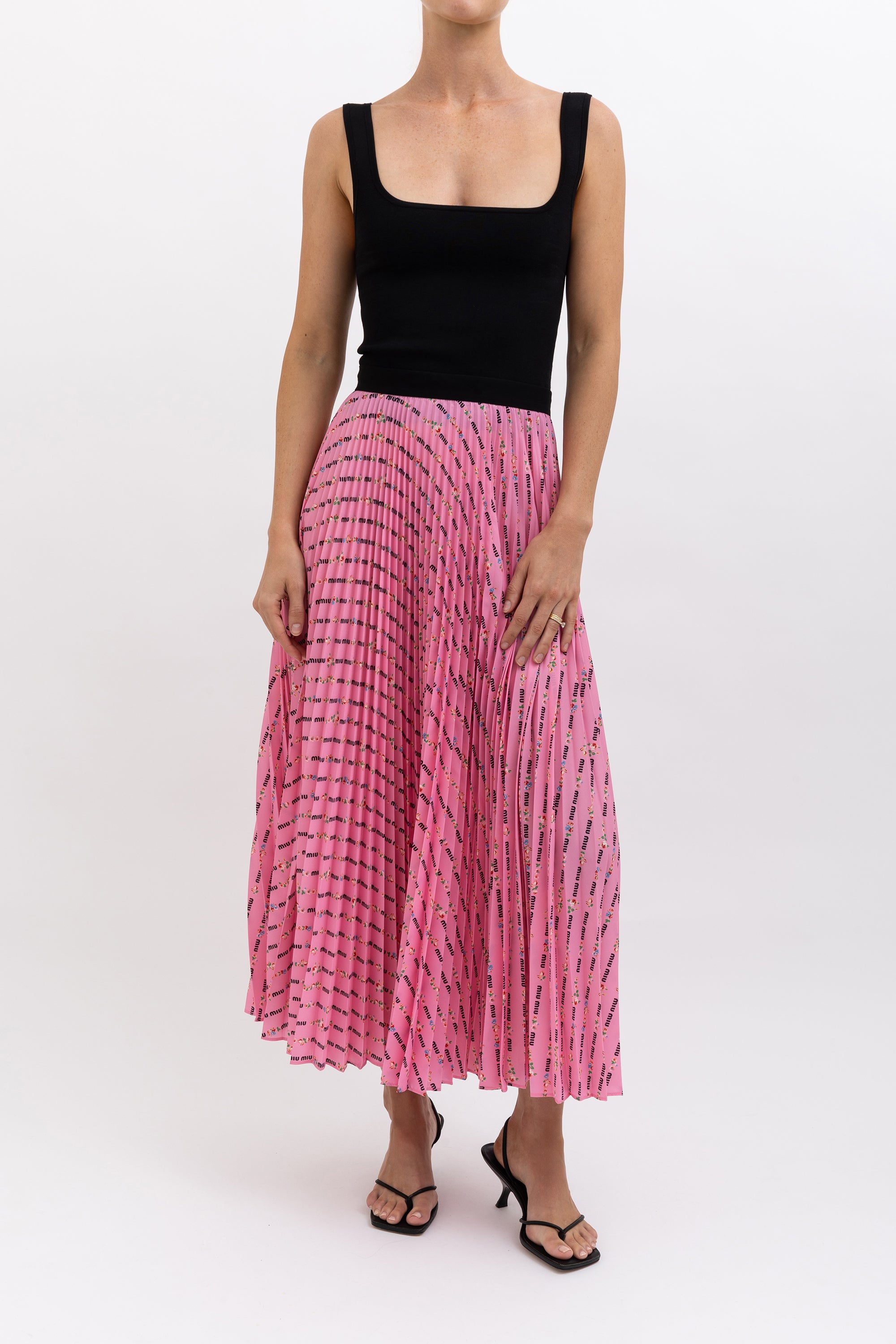 Pleated Floral Logo Midi Skirt