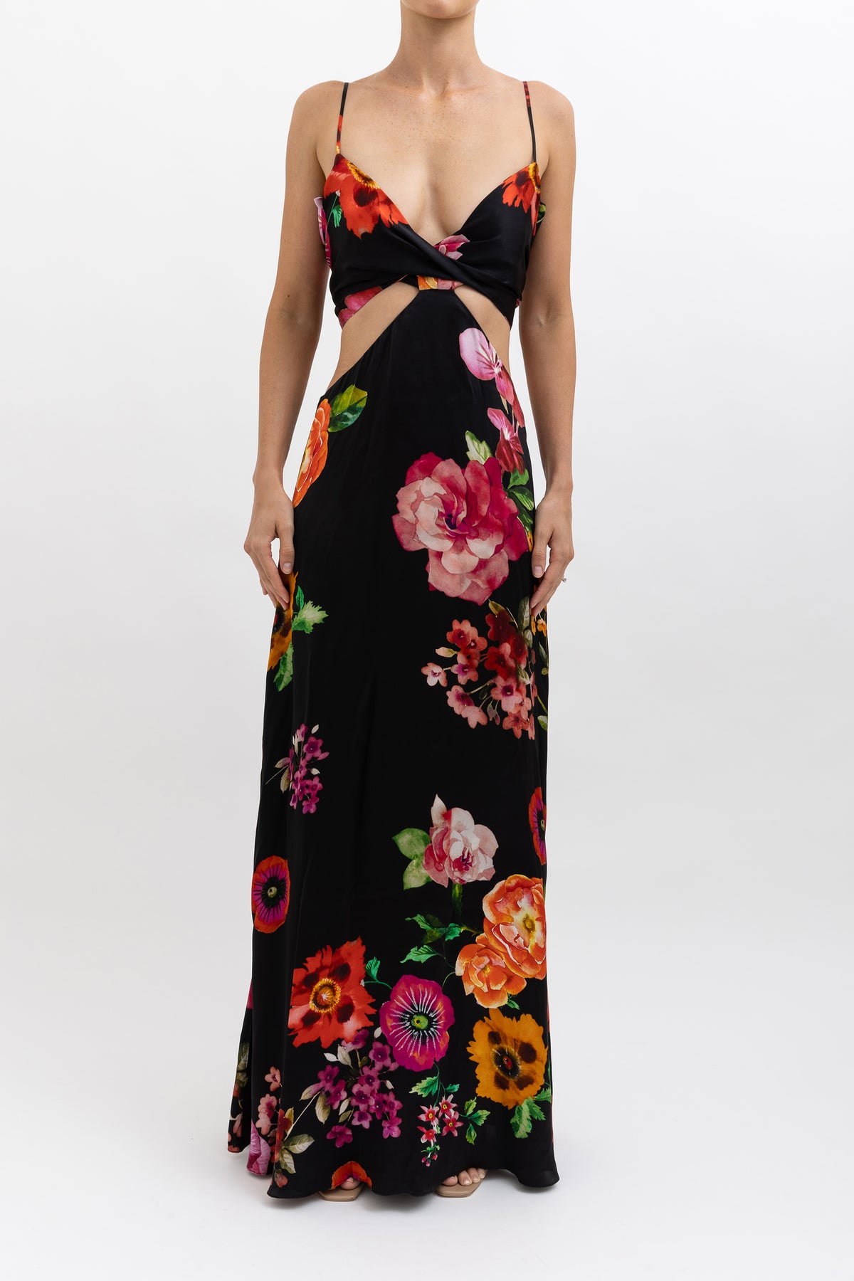 Floral Silk Cut Out Midi Dress