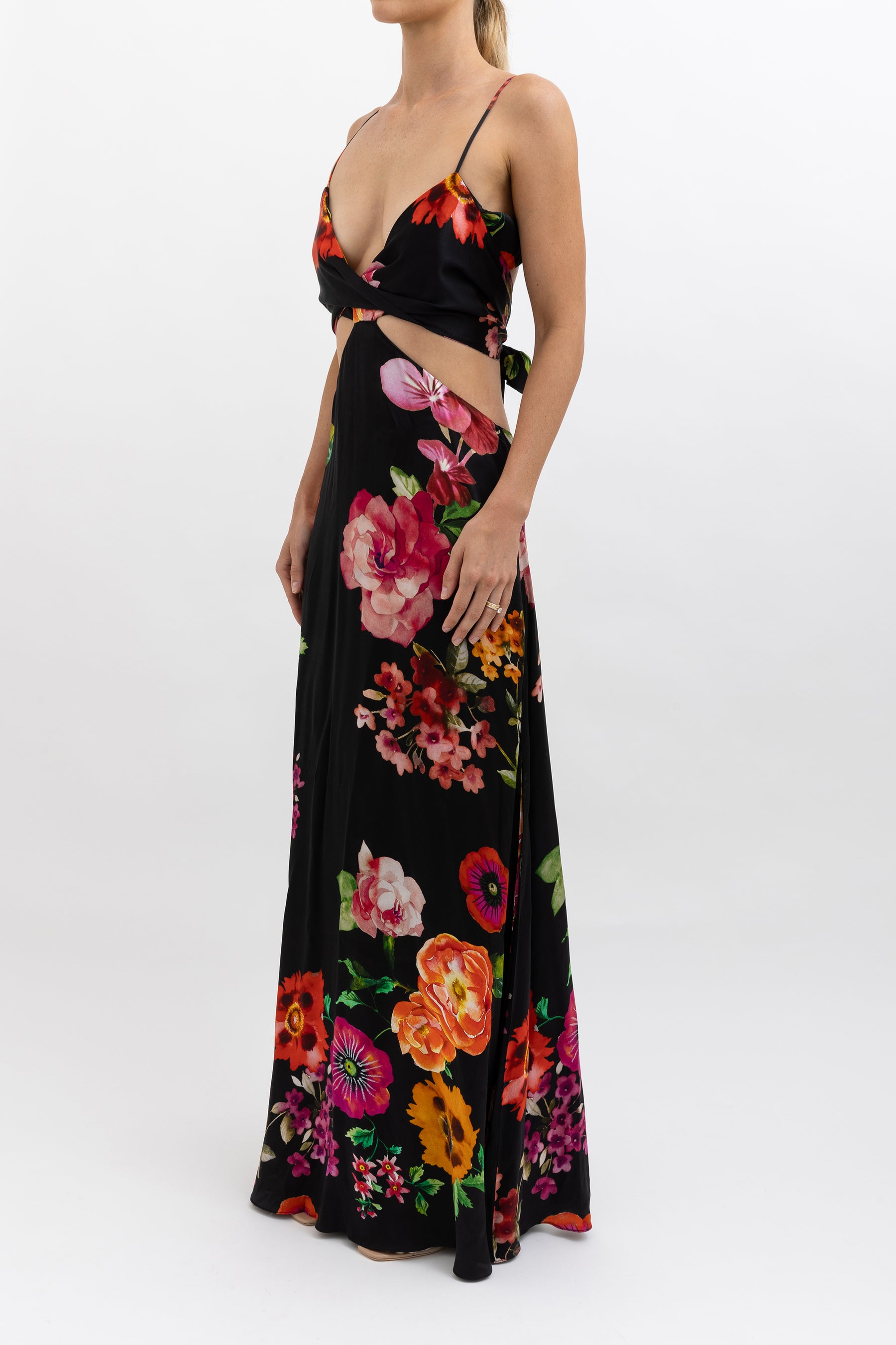 Floral Silk Cut Out Midi Dress