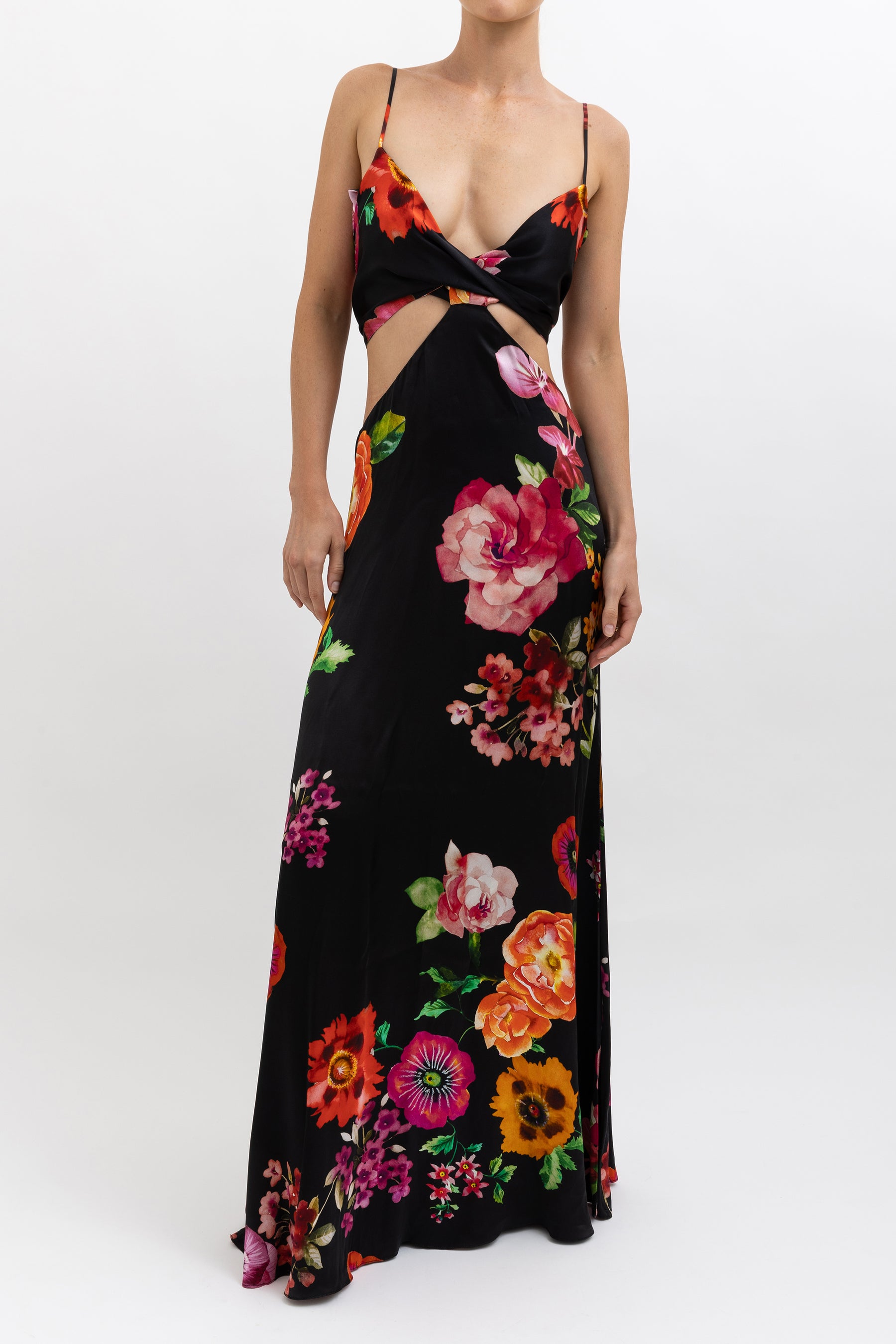 Floral Silk Cut Out Midi Dress