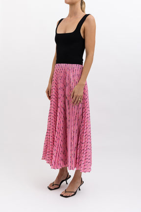 Pleated Floral Logo Midi Skirt