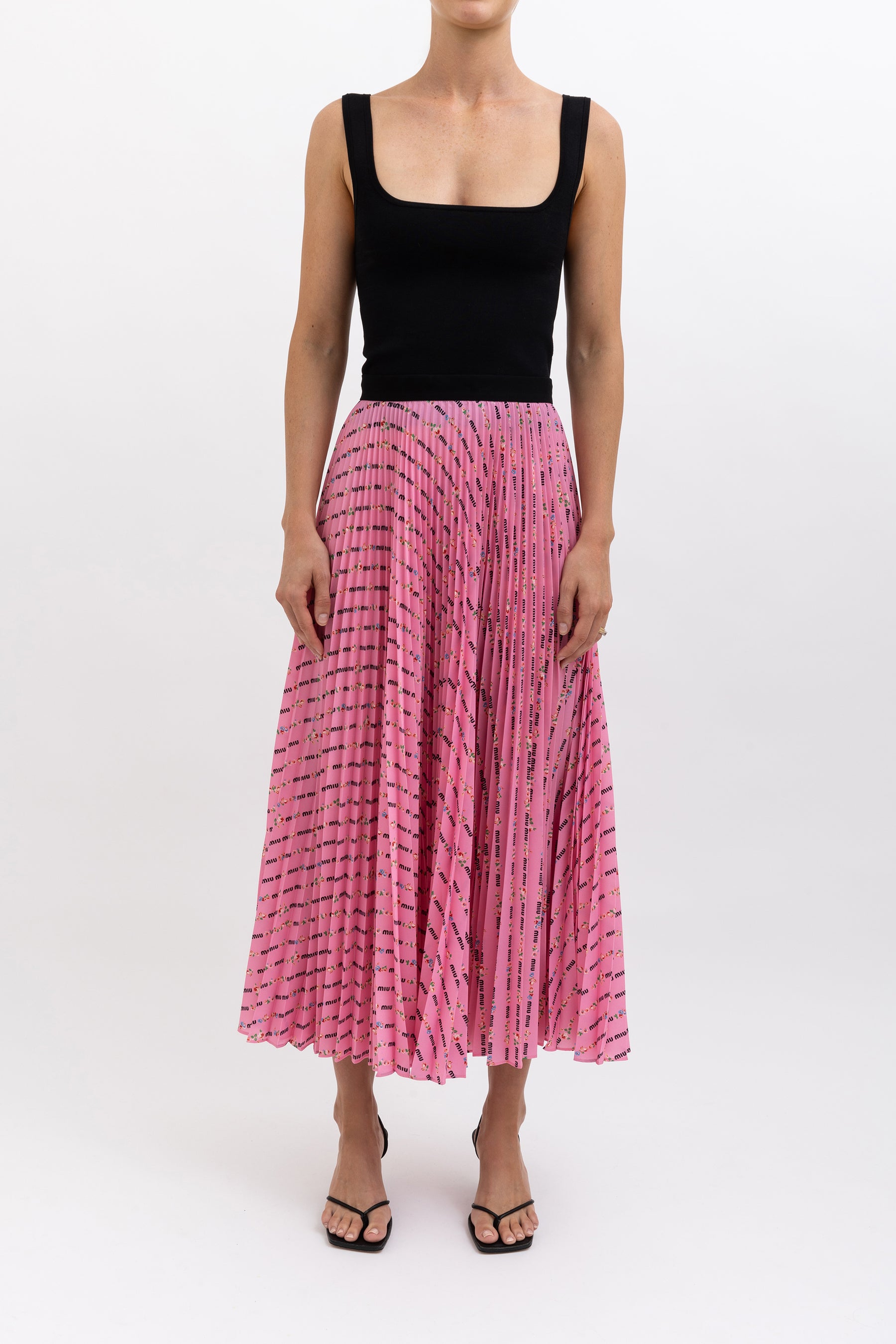 Pleated Floral Logo Midi Skirt