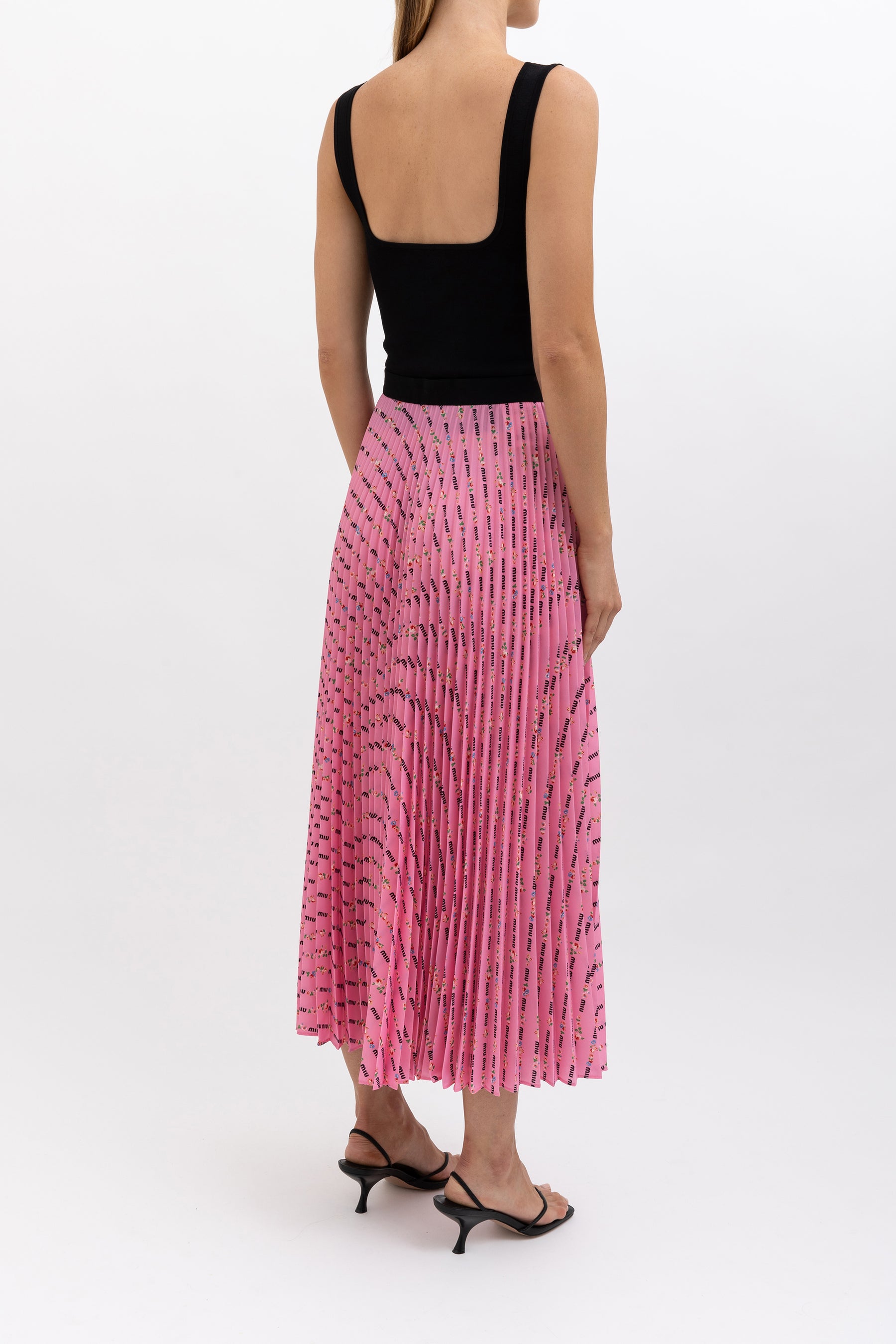 Pleated Floral Logo Midi Skirt