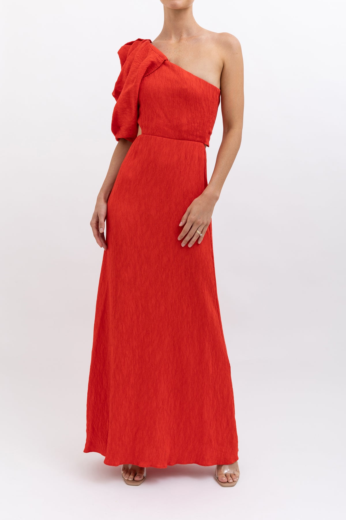 Textured One Shoulder Tie Back Maxi Dress