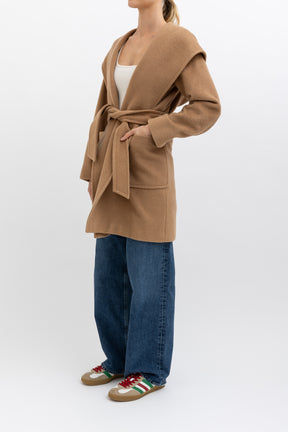 Camel Hair Mid Length Hooded Coat