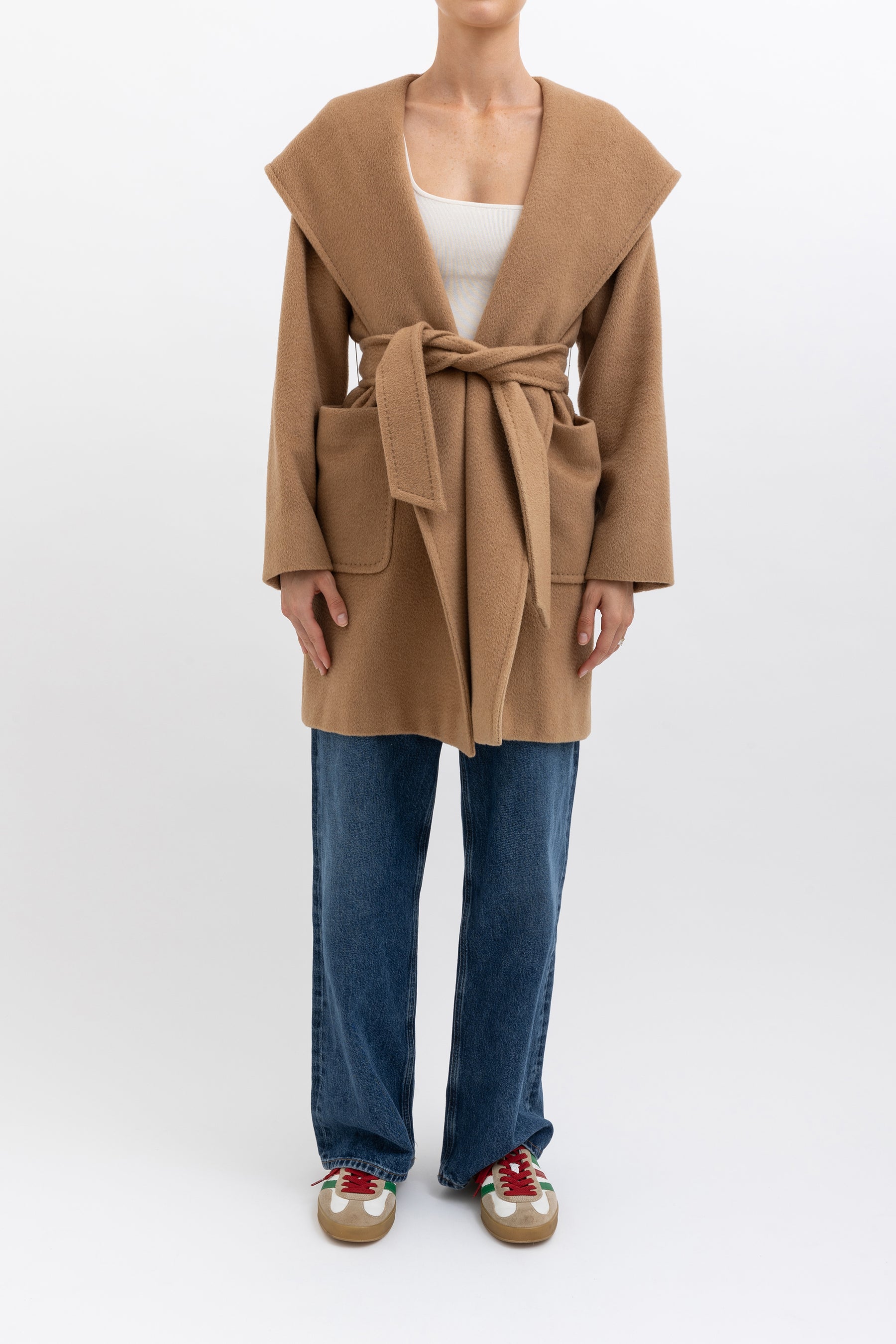 Camel Hair Mid Length Hooded Coat