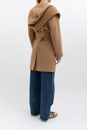 Camel Hair Mid Length Hooded Coat