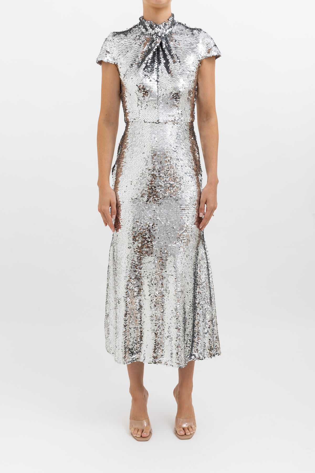 Sequin Twist Neck Midi Dress