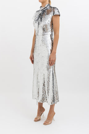 Sequin Twist Neck Midi Dress